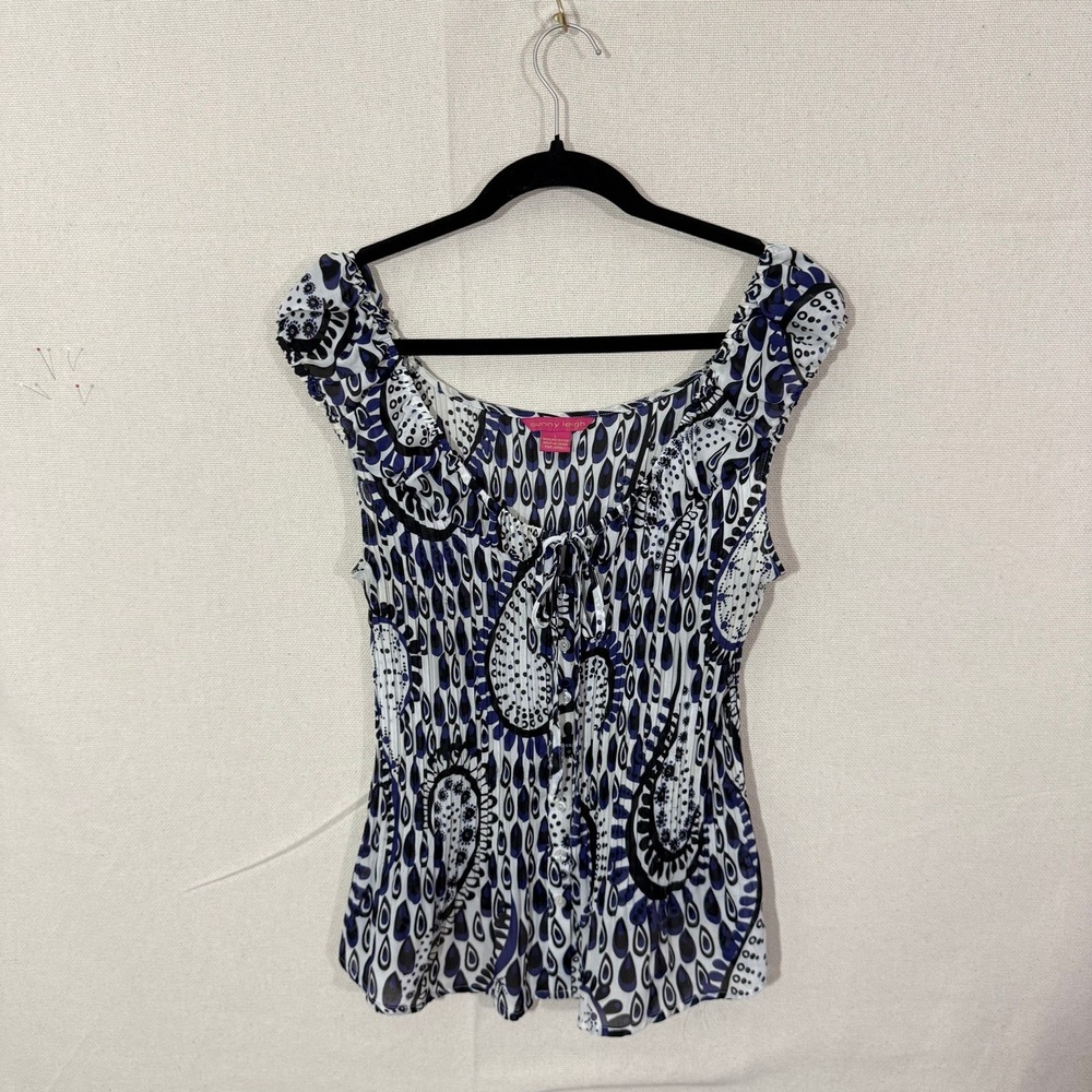 Sunny Leigh‎ Womens Blue Paisley Pleated Tie Neck Cap Sleeve Blouse Large